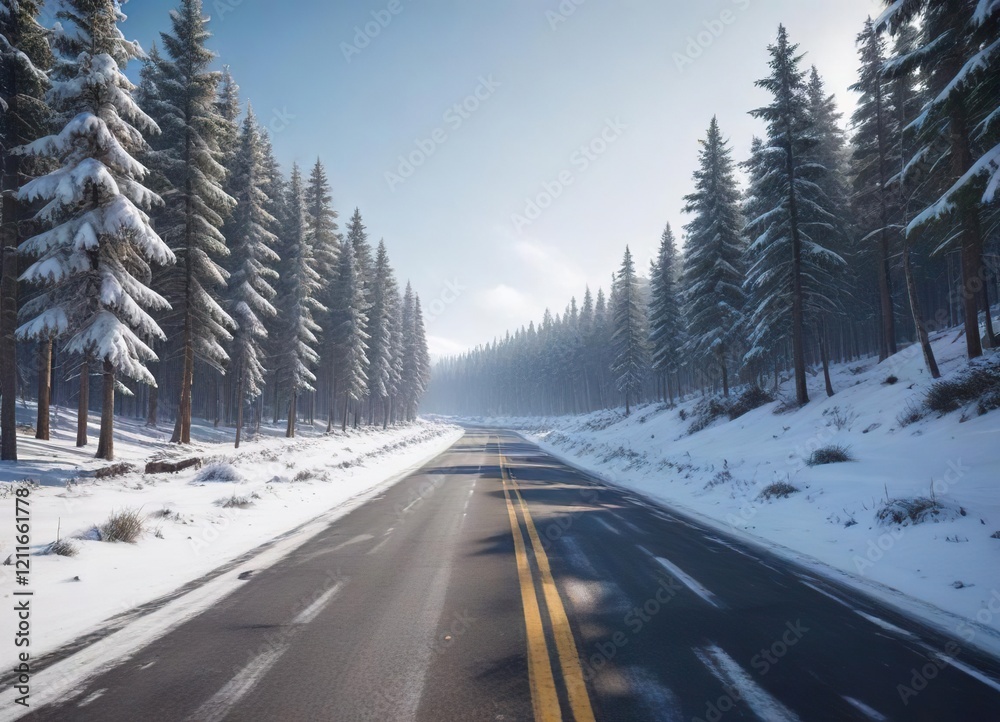 Obraz premium Snow-covered highway amidst a picturesque winter forest, panorama, winter, road, highway, landscape