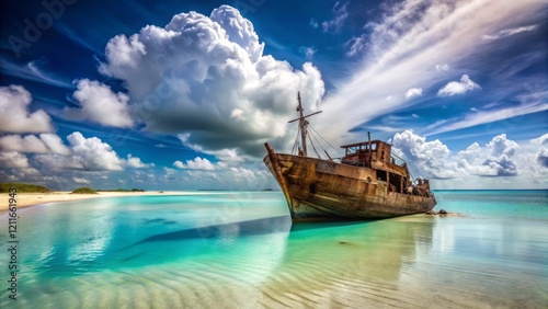Photorealistic coastal scene with massive old wooden shipwreck on sandbar, pristine turquoise water, white sandy beach, calm ocean, bright sky with fluffy clouds, serene dramatic atmosphere