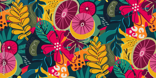 Bright vector seamless pattern with colorful tropical plants and flowers, palm leaves. Cute botanical abstract contemporary endless background.