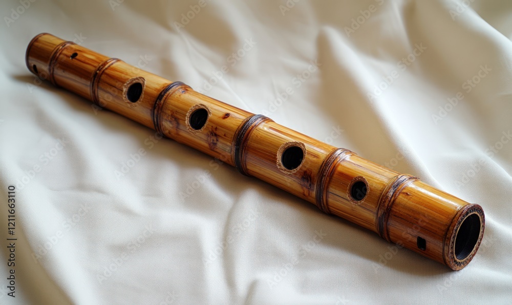 Naklejka premium Bamboo flute rests on light fabric.