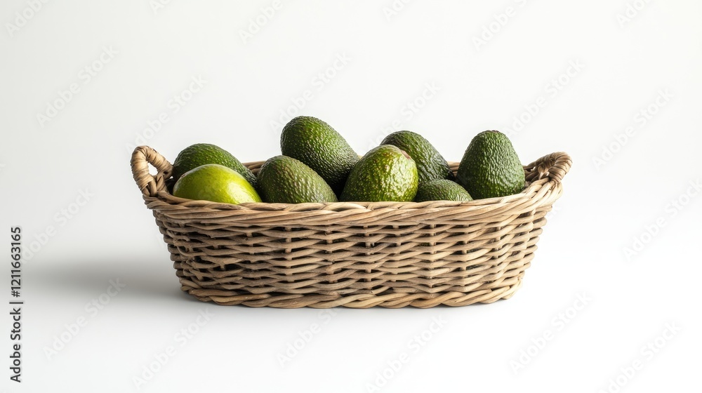 A neat arrangement of fresh avocados in a wicker basket, set against a clean white background, ideal for food and grocery concepts. A neat arrangement of fresh avocados in a wicker basket, set against a clean white background, ideal for food and grocery concepts.