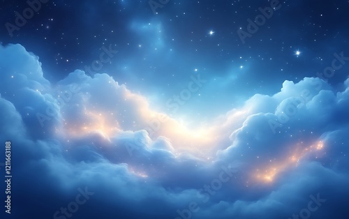 Glowing clouds and stars in night sky.