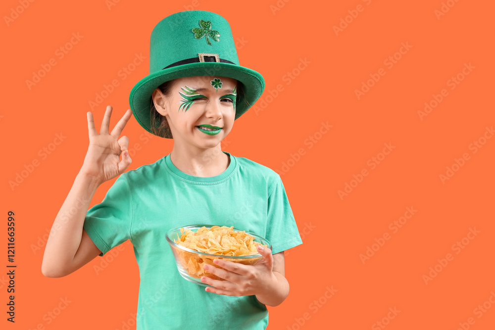 Funny girl with face painting, leprechaun's hat and potato chips showing OK on orange background. St. Patrick's Day celebration Funny girl with face painting, leprechaun's hat and potato chips showing OK on orange background. St. Patrick's Day celebration