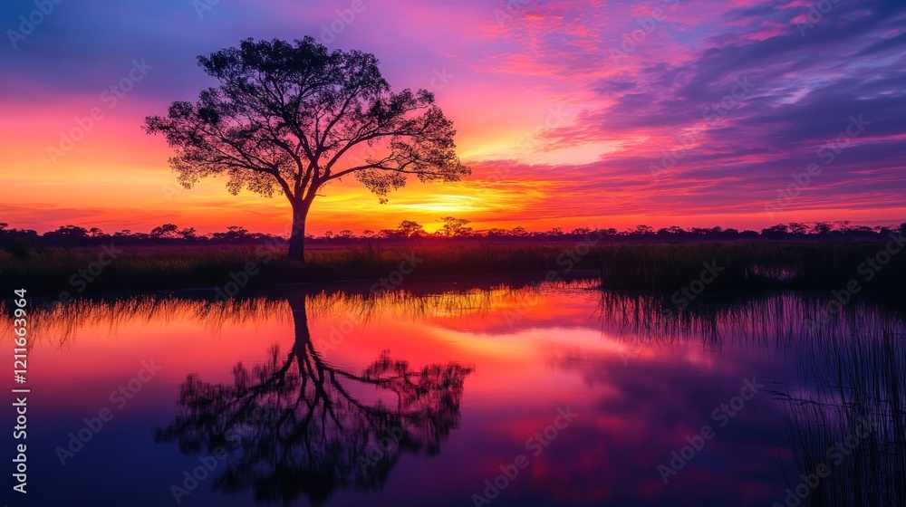 Fototapeta premium Serene Sunset Landscape: A Solitary Tree's Silhouette Reflected in a Calm Lake at Dusk