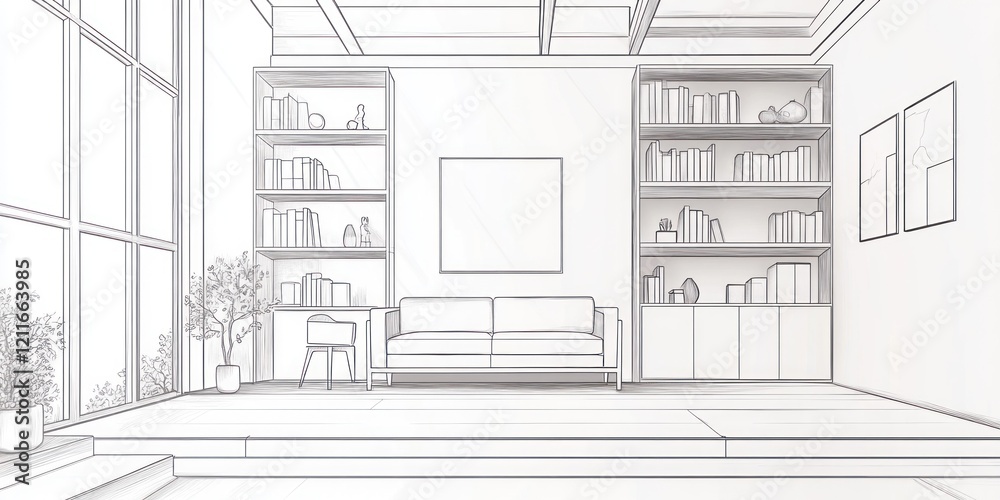 Fototapeta premium Modern Living Room Sketch Design With Bookshelves And Sofa