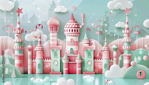 A whimsical fairytale castle with candy cane accents, white clouds, and a sparkling blue water reflection.