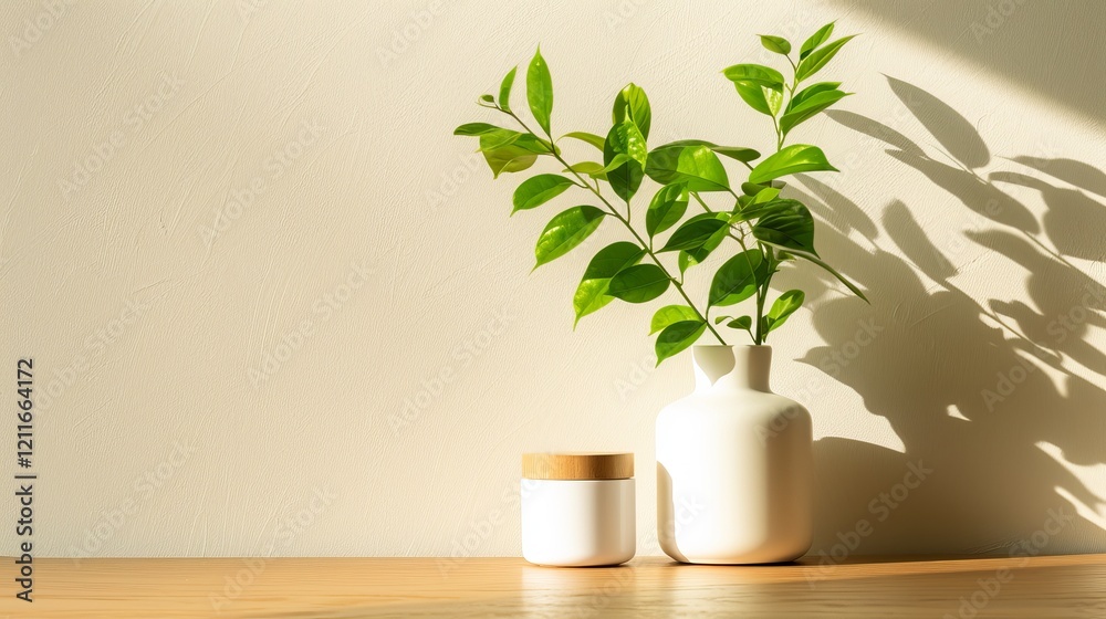 A minimalist still life featuring green leaves in a white vase and a small jar, casting soft shadows against a light wall, evoking tranquility and nature. A minimalist still life featuring green leaves in a white vase and a small jar, casting soft shadows against a light wall, evoking tranquility and nature.