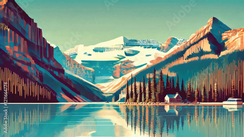 side view of lake Louise in Canada in low poly style