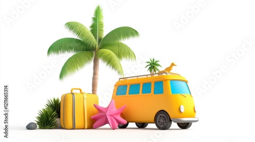 Colorful Summer Vacation Scene with Palm Tree and Retro Van