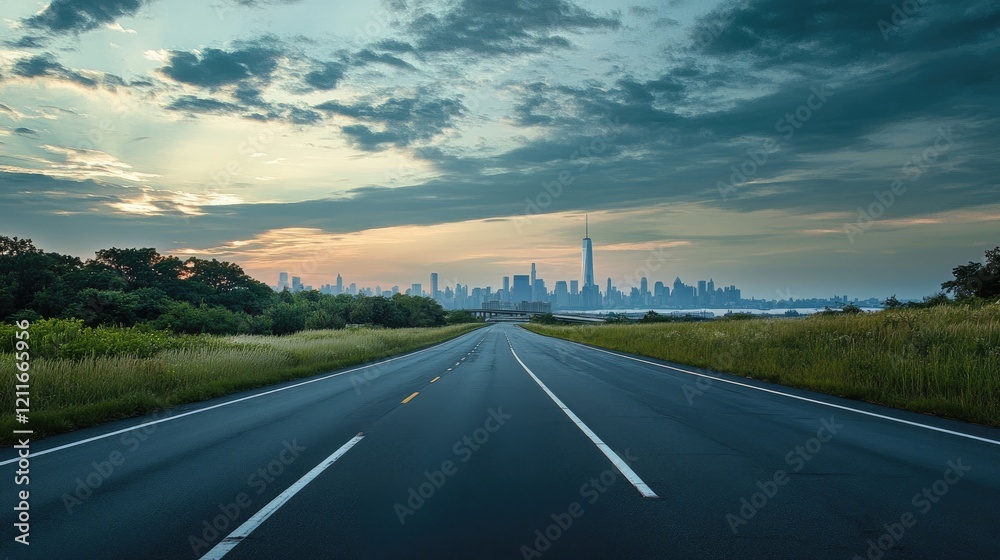 A peaceful view of a quiet asphalt highway, with a panoramic city skyline in the distance, framed by a cloudy morning sky. A peaceful view of a quiet asphalt highway, with a panoramic city skyline in the distance, framed by a cloudy morning sky.