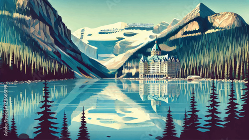 side view of lake Louise in Canada in low poly style