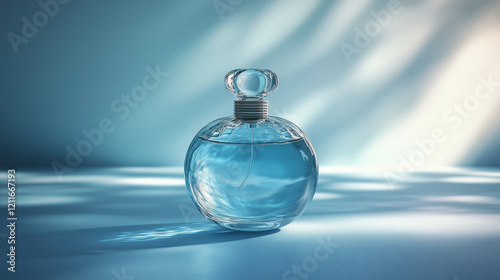 A luxurious round glass perfume bottle filled with blue liquid sits in soft, diffused lighting. The delicate reflections and minimalist background create a serene and sophisticated aesthetic.  
