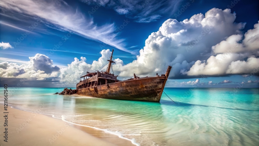 Dramatic low-angle view of ancient wooden shipwreck on beach, weathered hull against turquoise waters and vibrant blue sky with fluffy clouds, natural immersive tones Dramatic low-angle view of ancient wooden shipwreck on beach, weathered hull against turquoise waters and vibrant blue sky with fluffy clouds, natural immersive tones