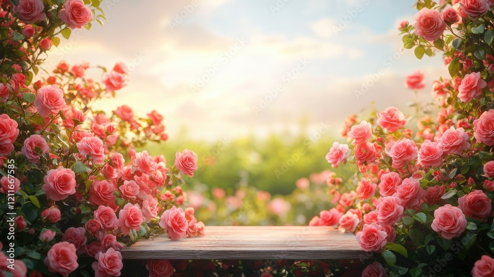 Naklejka premium A podium set against a beautiful field of colorful spring roses, framed by soft light and a dreamy outdoor background, evoking peace and beauty.
