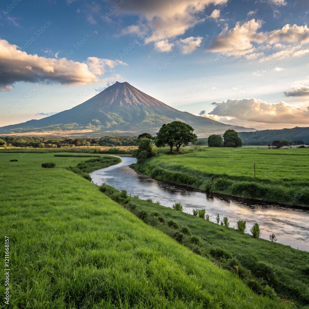 Fototapeta premium Serene Landscape with Volcano and River