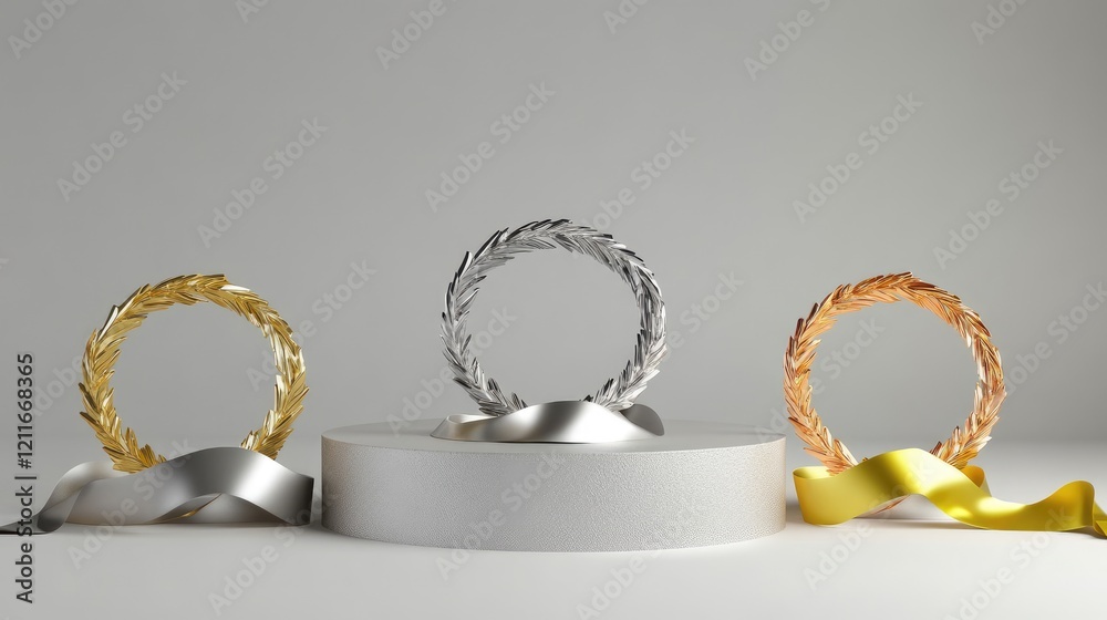 A polished podium with elegant golden, silver, and bronze laurel wreaths and vibrant ribbons, showcasing achievement on a neutral gray background. A polished podium with elegant golden, silver, and bronze laurel wreaths and vibrant ribbons, showcasing achievement on a neutral gray background.