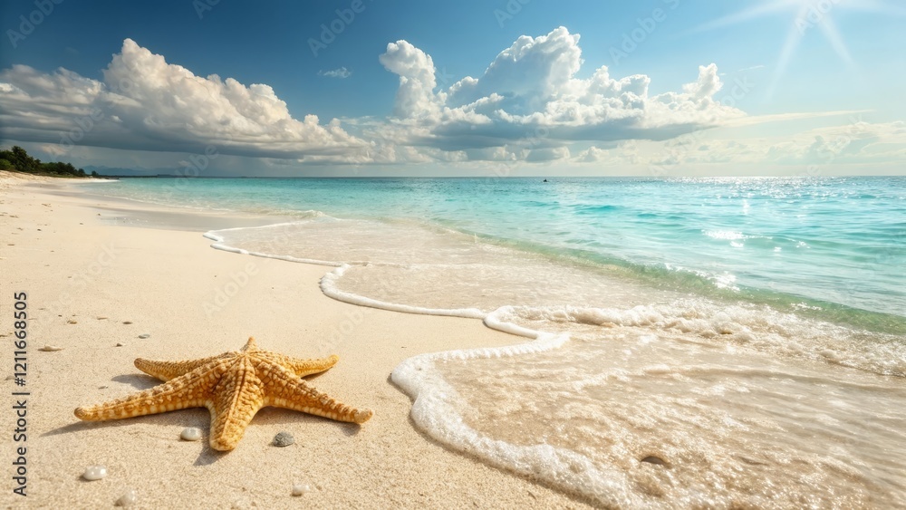 Tranquil seaside view with large golden starfish on soft beige sand, gentle ocean ripples meeting the shore, clear aquamarine water sparkling under sunlight and blue sky with fluffy clouds, warm calmi Tranquil seaside view with large golden starfish on soft beige sand, gentle ocean ripples meeting the shore, clear aquamarine water sparkling under sunlight and blue sky with fluffy clouds, warm calmi
