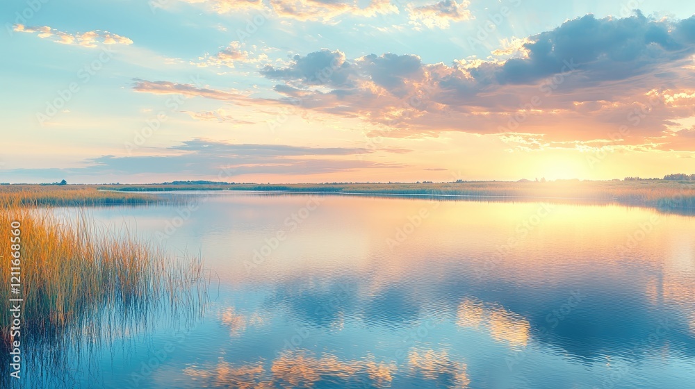 Fototapeta premium Calm lake sunset, serene landscape, golden hour reflection, peaceful nature scene, idyllic travel