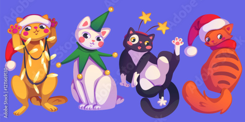 Christmas cats collection of festive felines - ginger kitten wrapped in lights, white pet in elf costume, black kitty with stars headband, red companion in Santa hat. Cartoon animals for holiday card.
