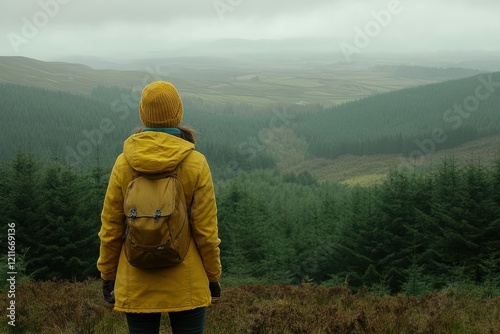 Wallpaper Mural Woman hiker overlooks misty valley, autumn forest, enjoying scenic view. Torontodigital.ca
