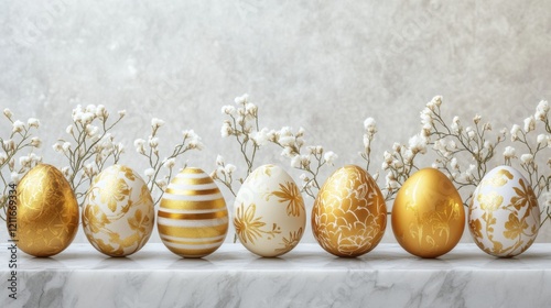 Elegant golden easter eggs with floral patterns and delicate white flowers on marble