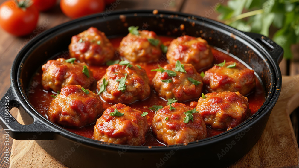 Savory meatballs in tomato sauce served in a cast iron pan Savory meatballs in tomato sauce served in a cast iron pan