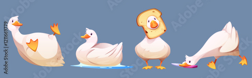 Funny duck characters set isolated on background. Vector cartoon illustration of cute duckling lying, swimming on water, playing with bread, running, comic farm bird mascot, domestic animal breeding