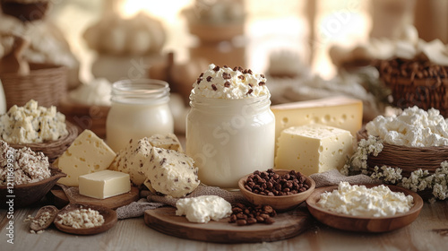 A beautifully arranged rustic dairy selection featuring various cheeses, fresh cream in glass jars, and butter. Chocolate chips and raisins add a gourmet touch to the creamy textures.  
 photo