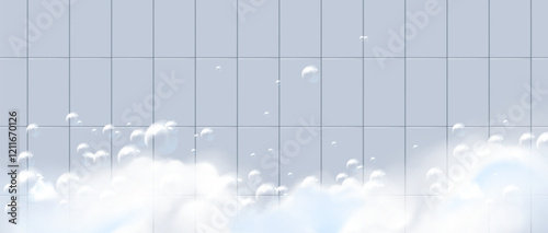 Bathroom wall with foam bubbles. Vector realistic illustration of white tile background, foamy soap, shower gel or shampoo suds, cleaning or laundry detergent ad banner, cosmetic product presentation