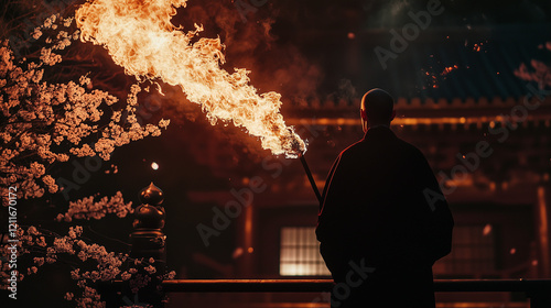 Omizutori, a landscape illustration of a giant torch flame crossing a temple balcony with cherry blossom trees in the background, the light of the flame illuminates the dark night, Ai generated images photo