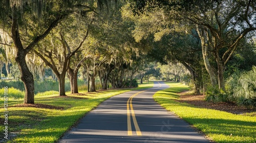 A quiet, tree-lined road with a yellow line running down the center, creating a calm and inviting path through the countryside.
