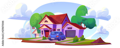 Car parked near house with green garden isolated on white. Vector cartoon illustration of nice cottage with trees in backyard, modern auto in suburban town, clouds in sky, private real estate property