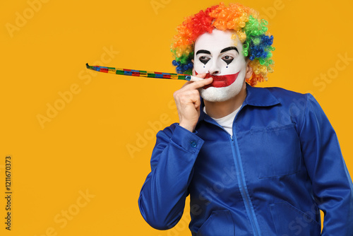 Funny young man as clown in coverall with party whistle on yellow background photo