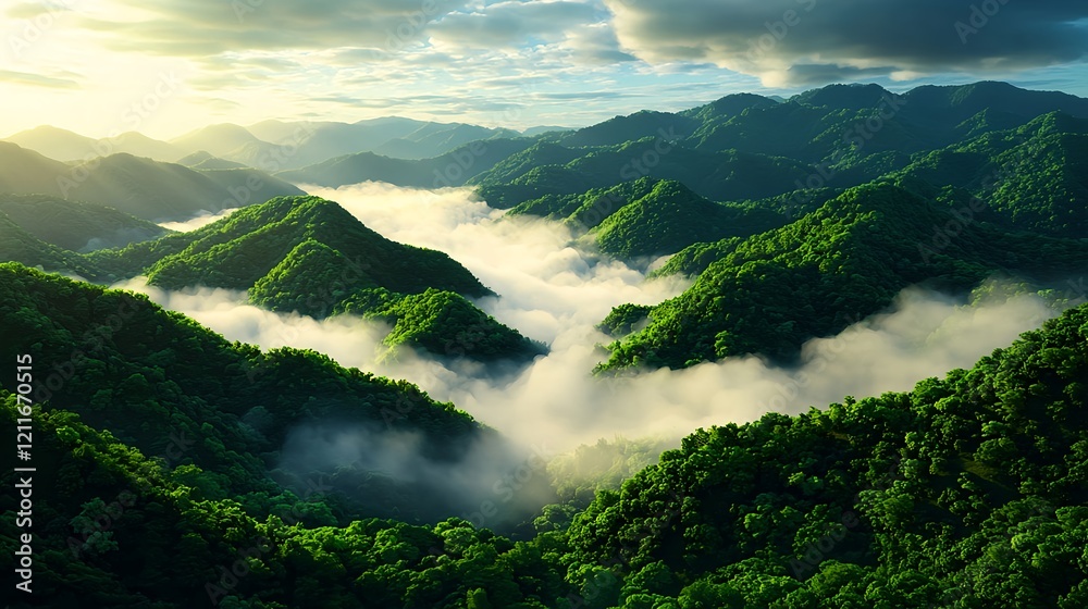 Obraz premium Lush Green Mountains Surrounded by Misty Fog at Sunrise
