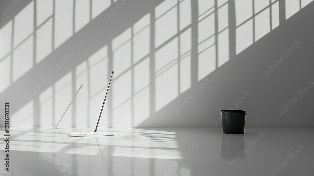 Obraz premium Studio cleaning mops, bucket, sunlit wall.