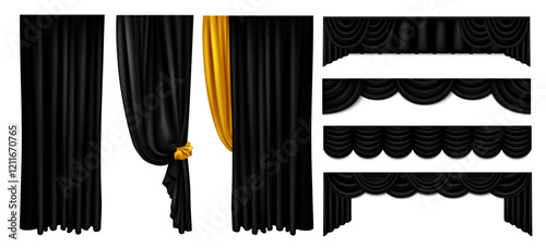 Black drape curtains set isolated on white background. Vector realistic illustration of luxury velvet drapery with golden silk decor, home interior textile, theater stage decoration, classic valance