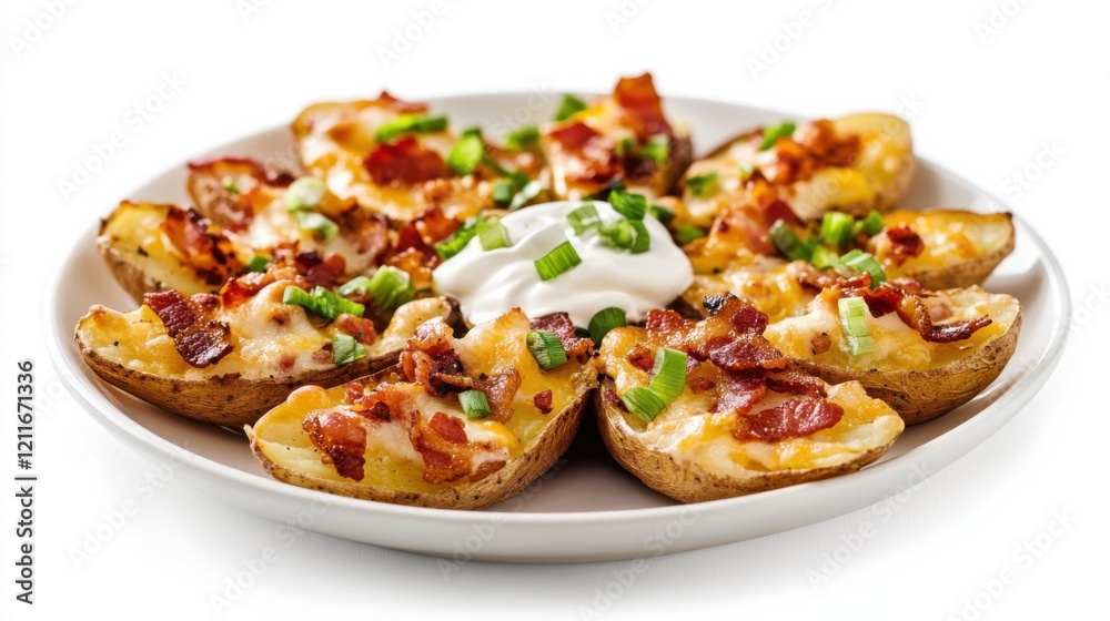 A plate of crispy potato skins loaded with melted cheese, crispy bacon bits, green onions A plate of crispy potato skins loaded with melted cheese, crispy bacon bits, green onions