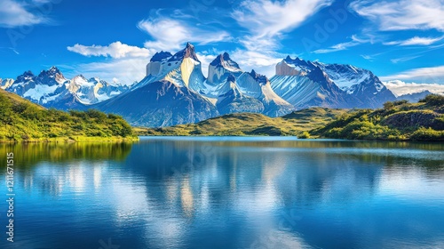 A breathtaking mountain range with a crystal-clear lake reflecting the peaks. photo