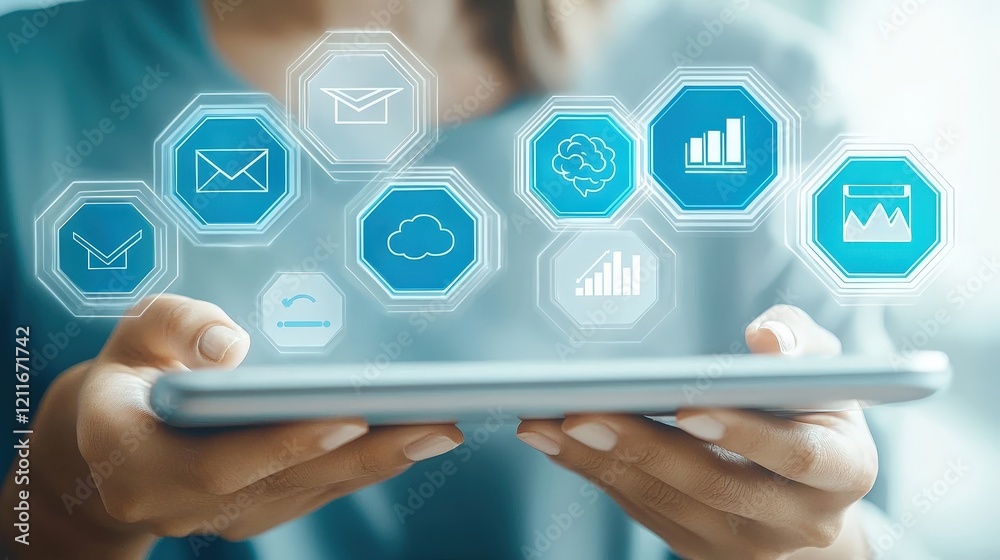 Modern Digital Communication with Blue Icons and Tablet in Hands Modern Digital Communication with Blue Icons and Tablet in Hands