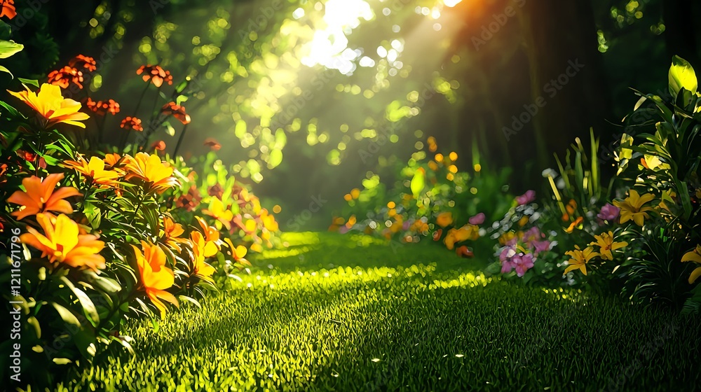 Obraz premium Vibrant Floral Pathway Through Lush Green Forest with Sunlight