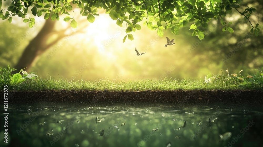 Fototapeta premium A serene nature scene showing responsible growth in harmony with wildlife and clean water, offering space for text about ecosystem balance.