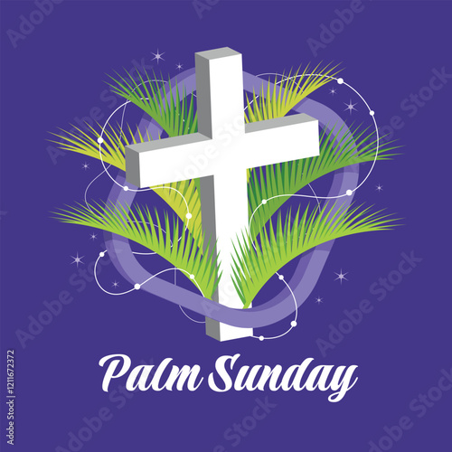 Palm sunday - White 3D cross crucifix sign and green palm leaves around with cross rounded square frame on purple background vector design