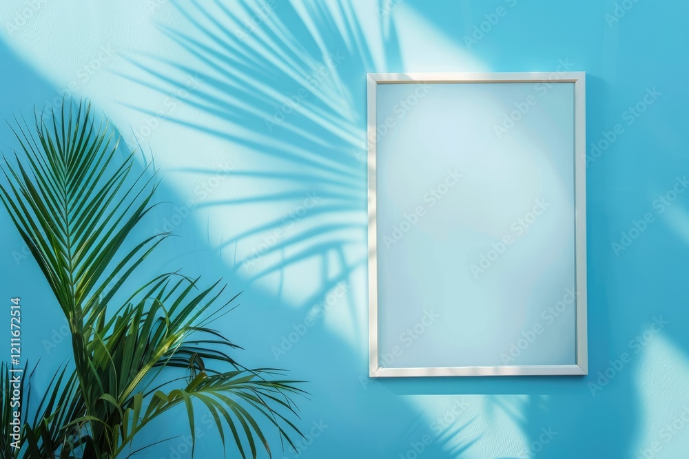 Flawless Image of a Framed Picture of a Plant and a Plant on a Blue Background Flawless Image of a Framed Picture of a Plant and a Plant on a Blue Background