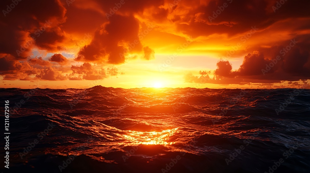 Obraz premium Dramatic Sunset Over Calm Ocean Waves with Fiery Cloudscape