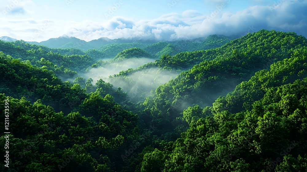 Fototapeta premium Lush Green Mountains Shrouded in Misty Morning Fog at Sunrise