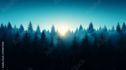 Misty Forest at Sunrise with Soft Light and Blue Hues