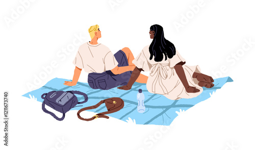 People sit on blanket in nature together back view. Happy couple is on romantic date outdoors. Girl and boy relax at picnic in summer vacation. Flat isolated vector illustration on white background
