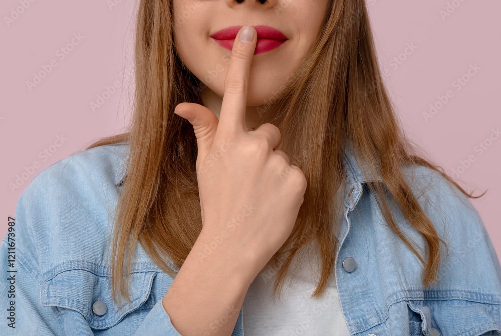 Fototapeta premium Young deaf mute woman using sign language on pink background, closeup