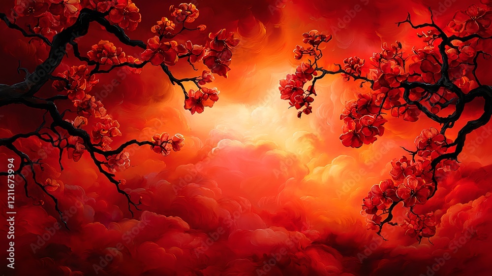 Vibrant Red Clouds and Blossoms in a Dramatic Sky Scene Vibrant Red Clouds and Blossoms in a Dramatic Sky Scene