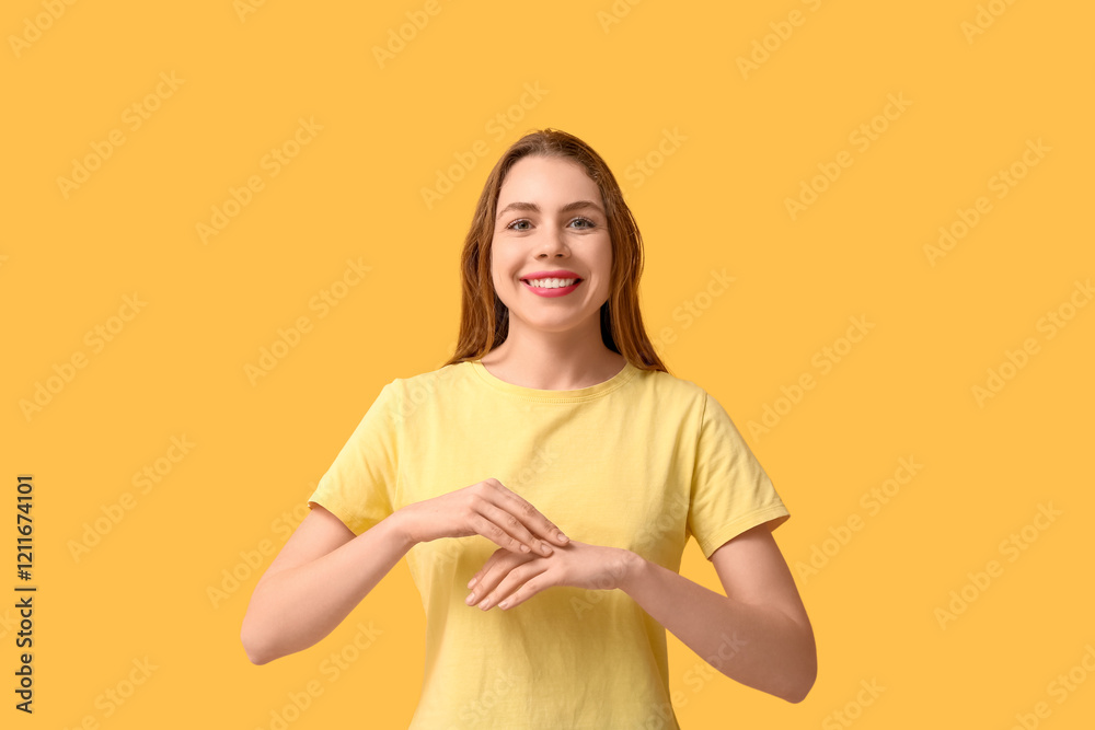 Obraz premium Young deaf mute woman using sign language on orange background